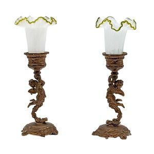 Antique Cherub Candle Holders Gilt Bronze w Hand Blown Ruffled Glass Green Rim